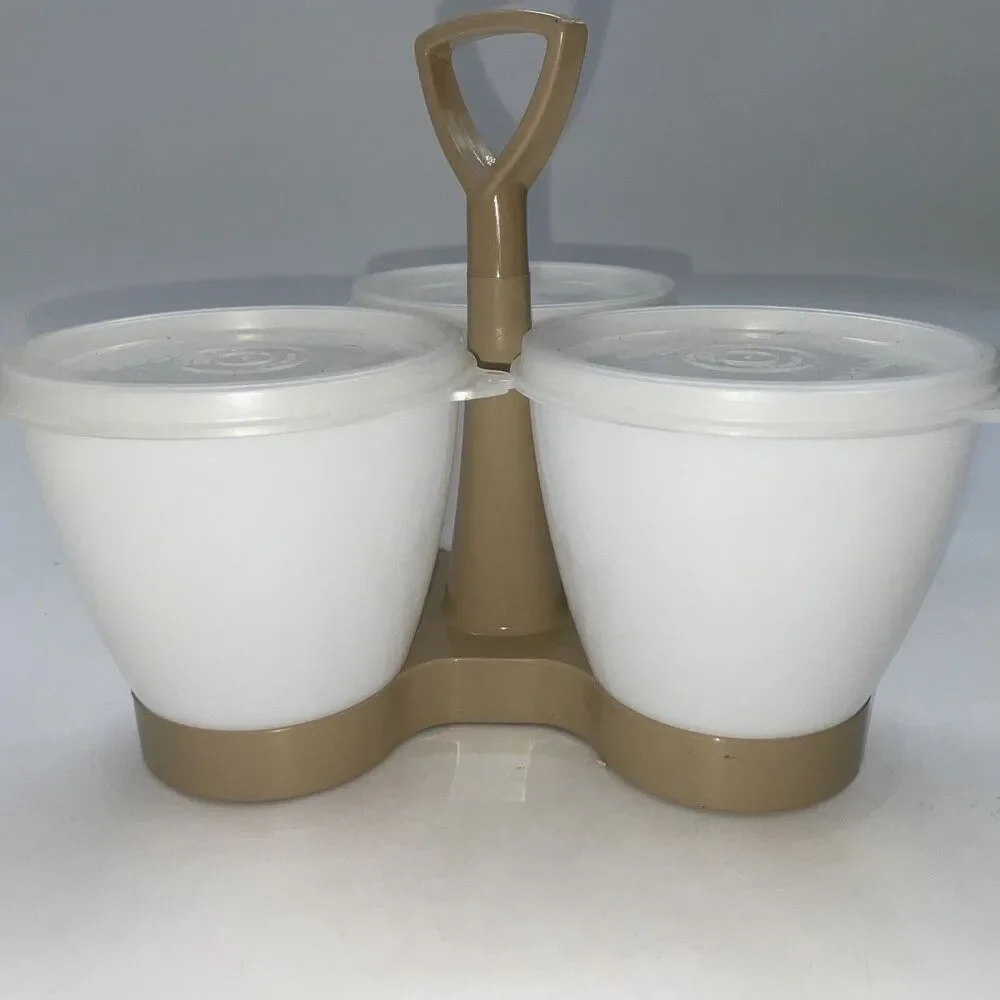 Tupperware Condiment Serving Caddy #757- 4 Taupe White Lids Cups Party Picnic